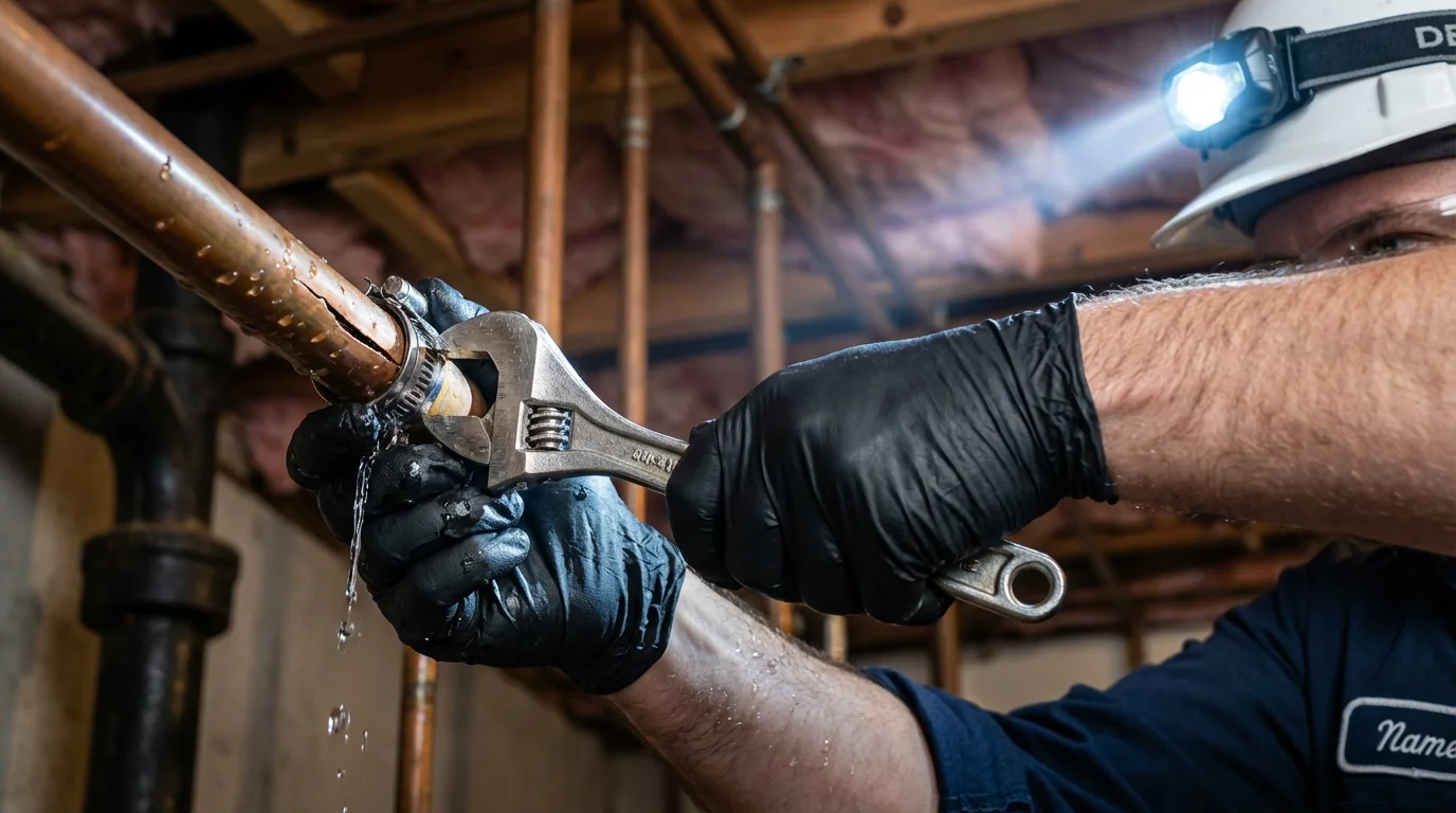 Emergency pipe clamp repair being performed by a Johns Plumbing LLC plumber in Earth
