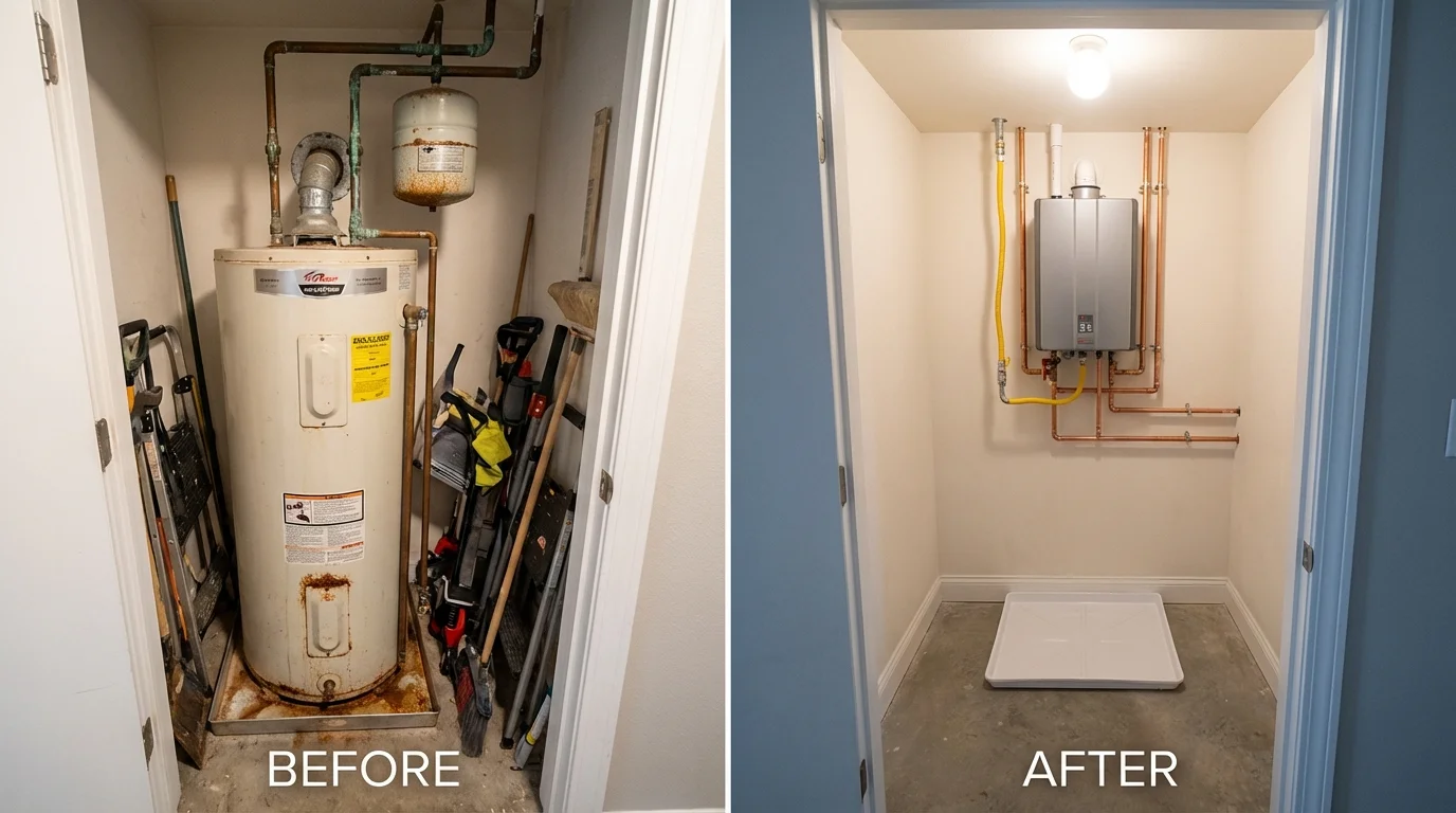 Tank water heater versus wall-mounted tankless unit comparison for Earth, TX homeowners