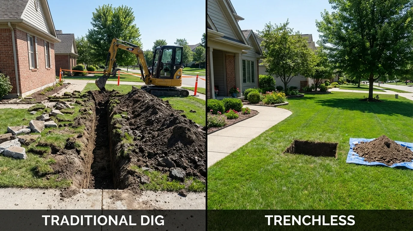 Trenchless sewer repair with minimal yard damage versus traditional excavation in Earth, TX
