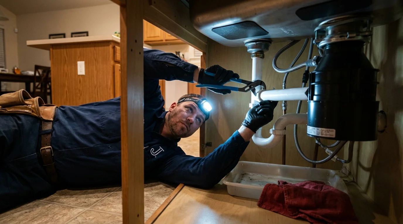 P-trap and supply line connections under a kitchen sink showing a common leak point in Earth, TX